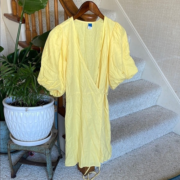 Old Navy Linen Waist Define Puff Sleeve Wrap Dress Morning Sun - Picture 2 of 15